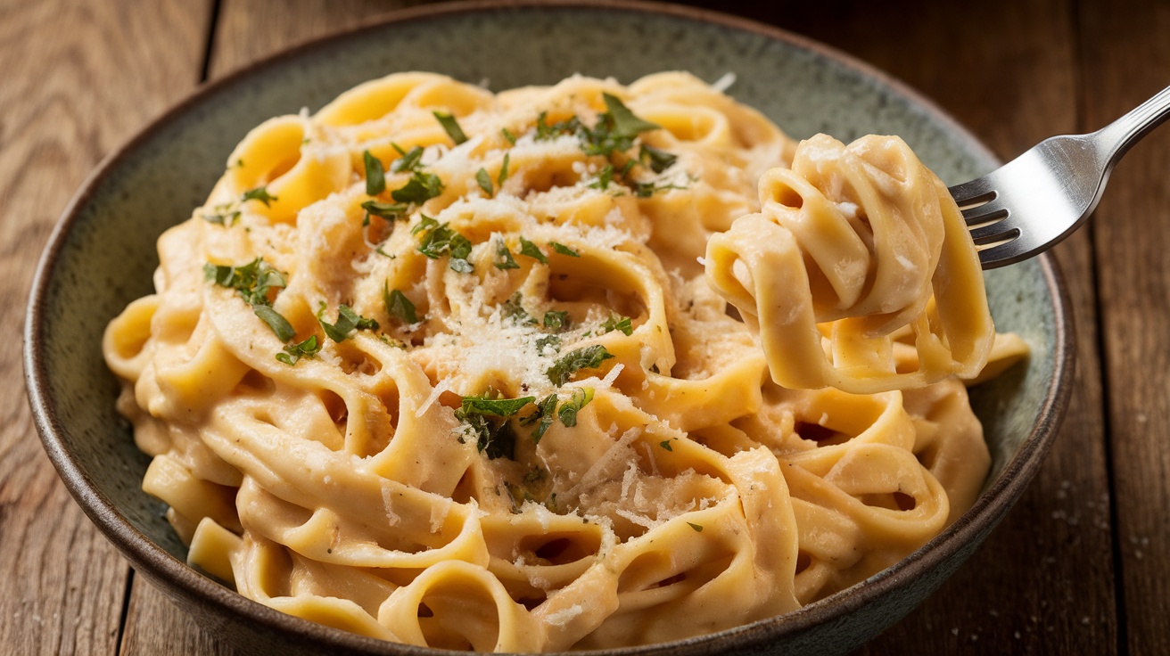 A bowl of fettuccine pasta with creamy Alfredo sauce, garnished with Parmesan and parsley.